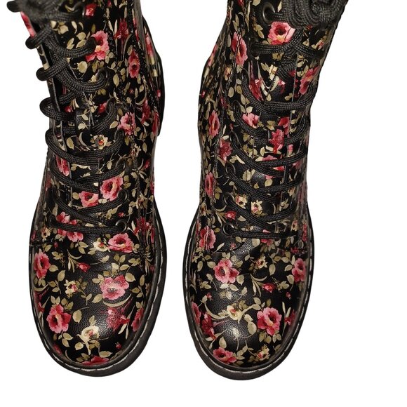 Union Bay Floral Womens Moto Combat Boots Chunky Lace Up Black/Red Rose Size 8M - Picture 6 of 10